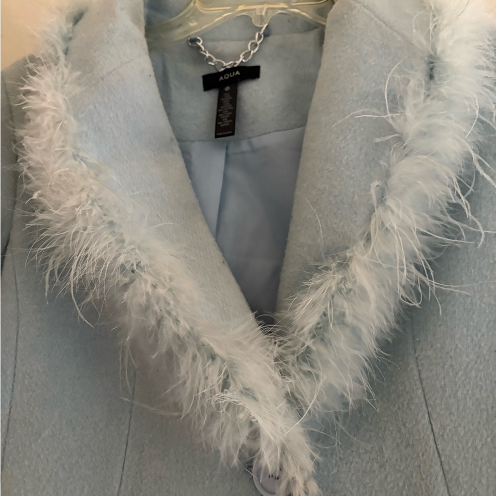 Aqua Light Blue Trench Coat with Faux Fur Collar - Picture 2 of 8